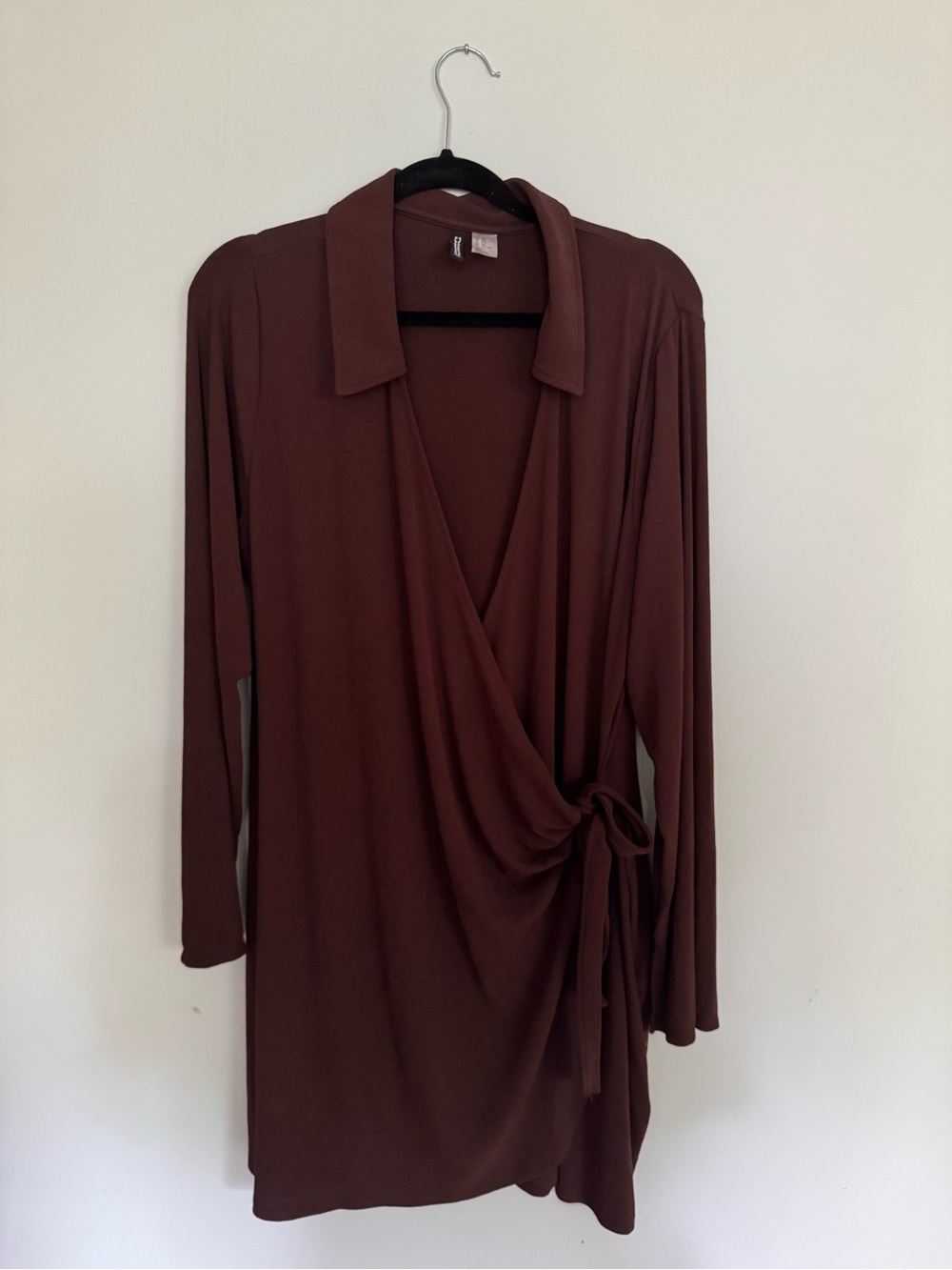 H&M Long Sleeve Wrap Shirt Dress in Deep Brown